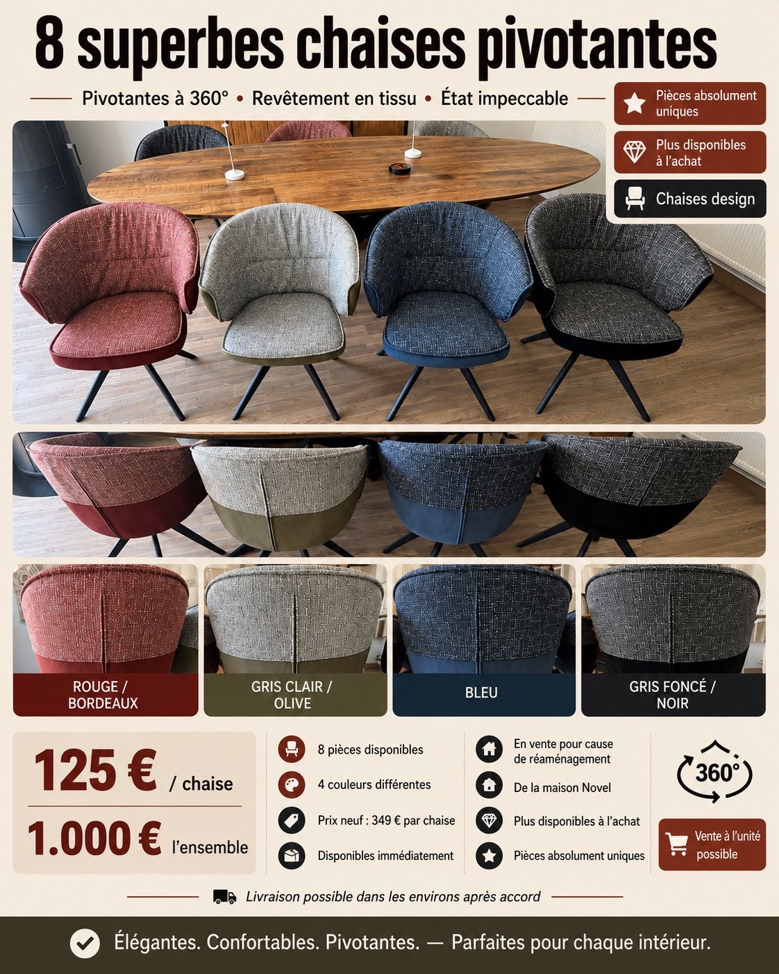 8 chaises pivotantes Novel – 4 couleurs – état impeccable, Maison & Meubles, Enlèvement, Comme neuf