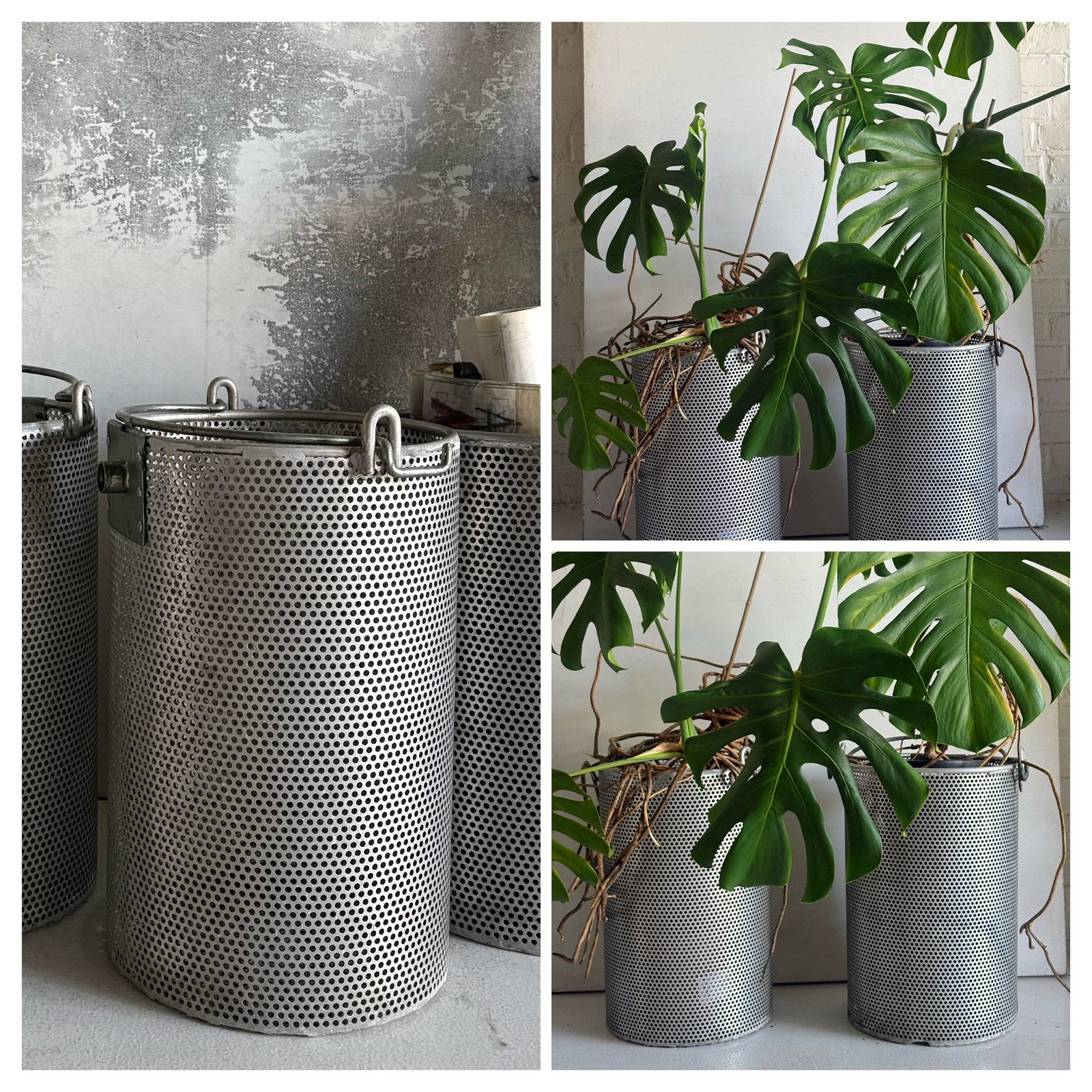 3 anciens bacs perforés industriels vintage cache-pots loft, Antiquités & Art, Enlèvement
