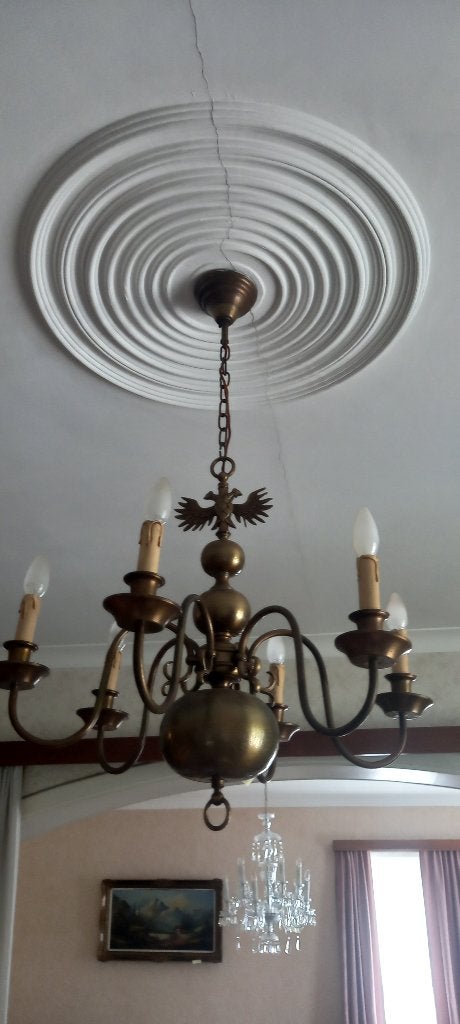 Vlaamse / Hollandse luchter in messing — 6-armig, Huis en Inrichting, Lampen | Kroonluchters, Ophalen