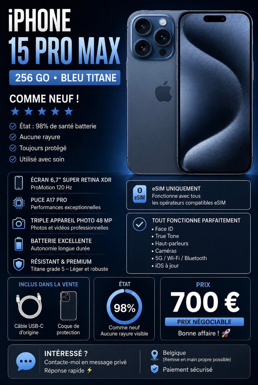 iPhone 15 Pro Max 256 Go – Bleu Titane – État impeccable, Télécoms, Téléphonie mobile | Apple iPhone, Envoi, Comme neuf, Bleu
