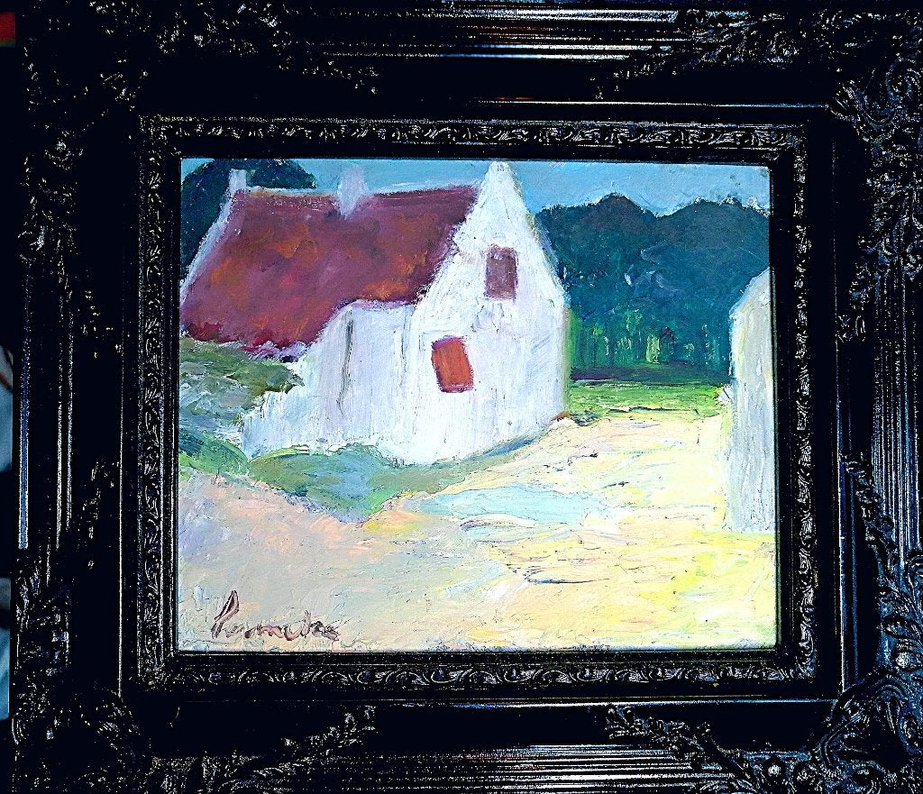 Constant Permeke '' Het Witte huis '' olieverf op karton, Peint à la main, Peinture à l'huile, Expressionniste, Paysage urbain / rural