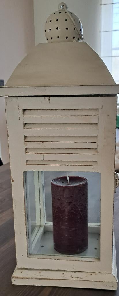 Lantaarn met kaars, Hout, Brocante, Ophalen of Verzenden, Zo goed als nieuw