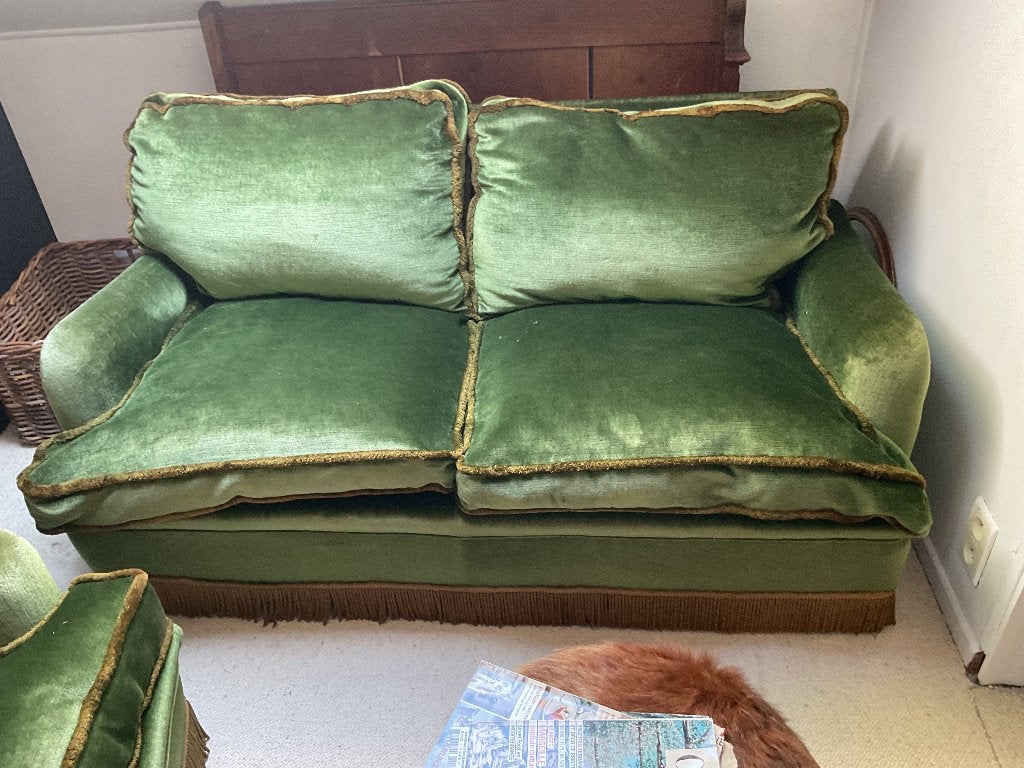 Prachtige vintage salon +1 zit jaren 70, in groene fluweel, Huis en Inrichting, Ophalen, Gebruikt, Tweepersoons, Rechte bank