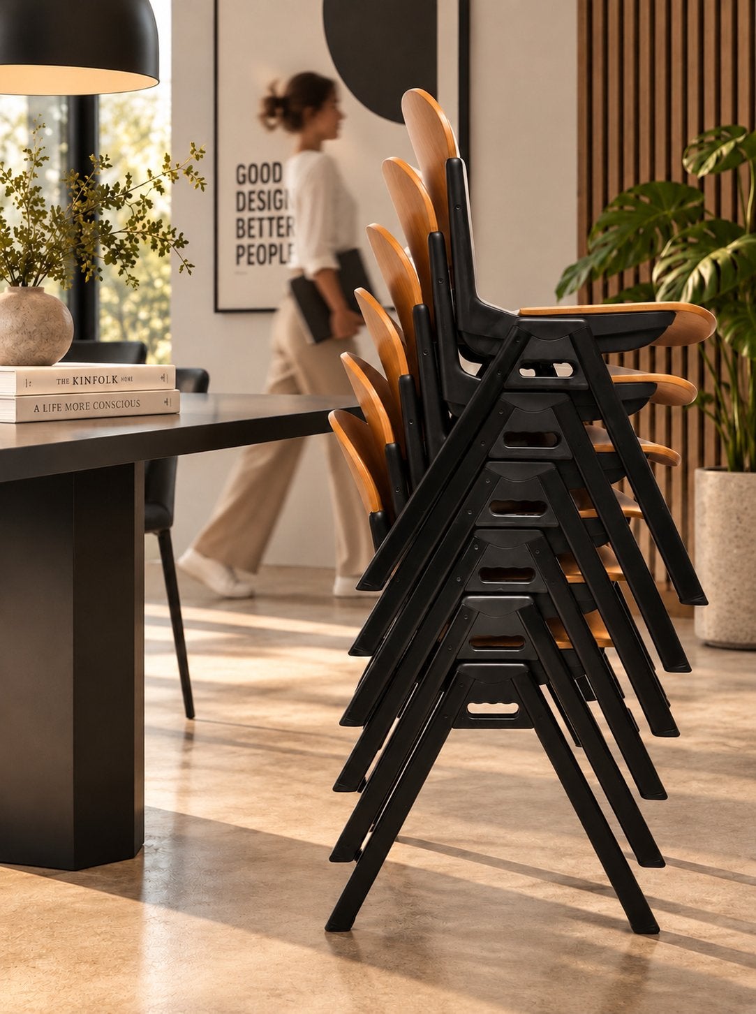 6 rugverende Piretti stoelen COMtract Castelli vintage, Maison & Meubles, Enlèvement, Bois, Vintage 70', Noir