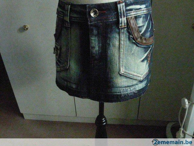 Mini  jupe jeans bleu foncé délavé ;, Enlèvement ou Envoi, Porté, Bleu