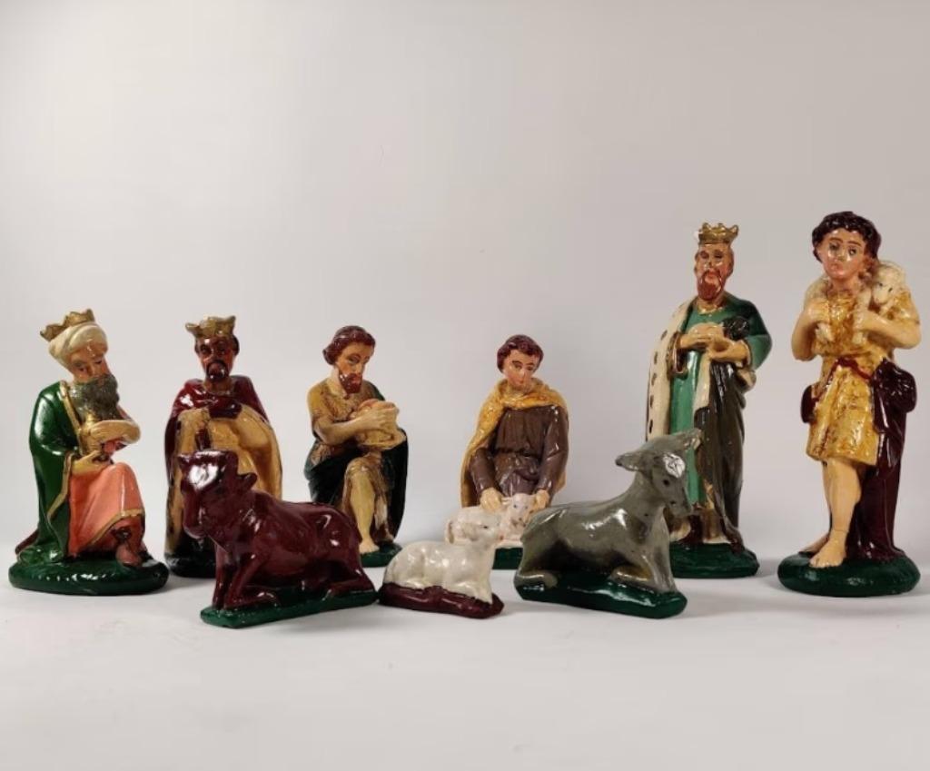 9 kerststal beelden. +-1930 kalkbeelden, Ophalen of Verzenden