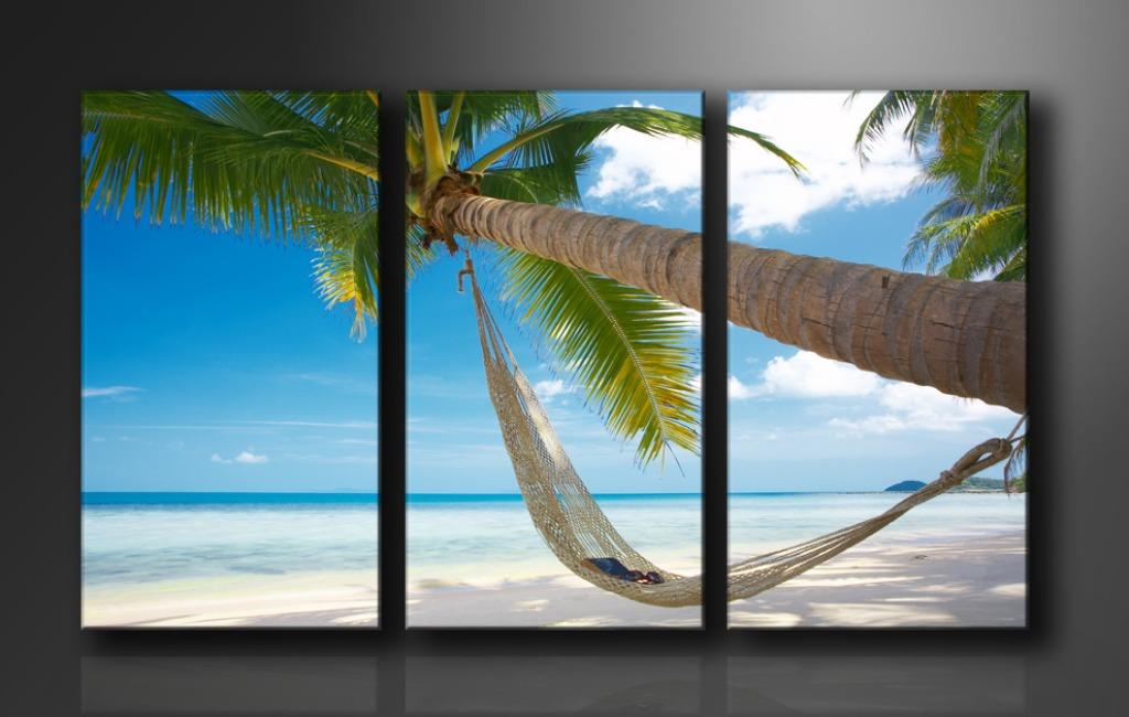 Nieuw * 3 luik canvas schilderij * Palmboom Strand 90x160cm, Neuf, Enlèvement ou Envoi, Peinture, 75 cm ou plus