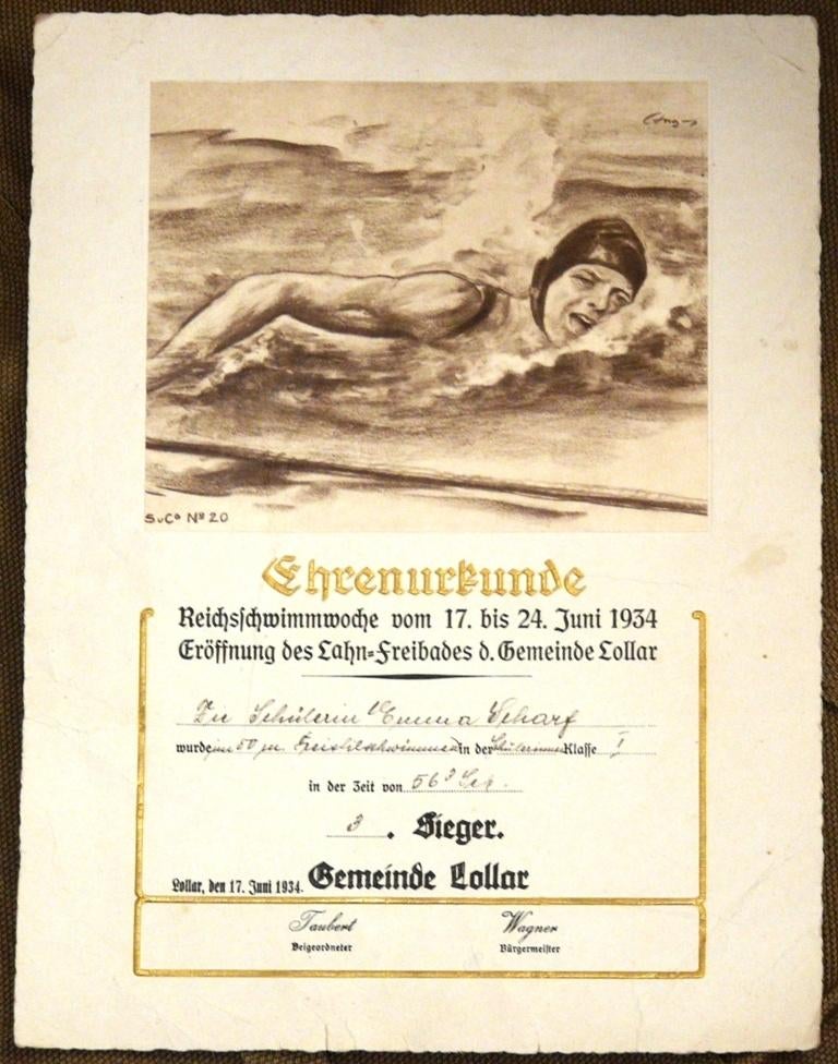Ere Oorkonde, Reichs Schwimmwoche, gemeente Lollar, 1934.(1), Verzamelen, Ophalen of Verzenden, Gebruikt, Overige typen
