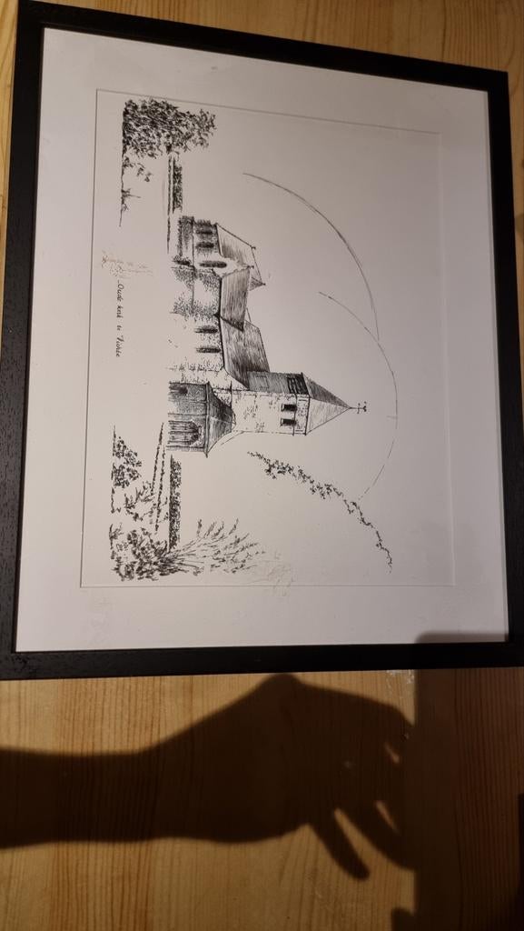 Tekening oude kerk van Vichte ingekaderd, getekend: Nas 917, Antiek en Kunst, Ophalen
