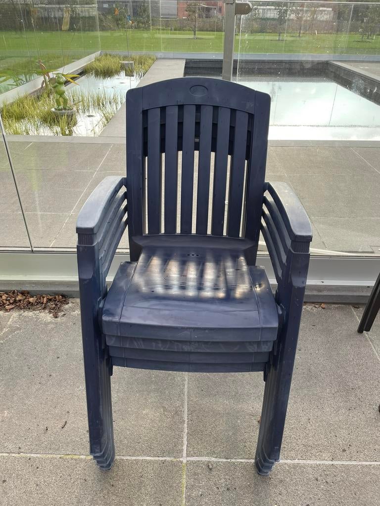 4 Zeer nette blauwe Hartman stapelbare tuinstoelen, Ophalen, Zo goed als nieuw, Kunststof, Stapelbaar