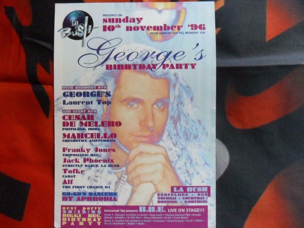Flyers George's Birthday Party @ La Bush (Esquelmes) 1996, Collections, Enlèvement ou Envoi, Utilisé, Autres types