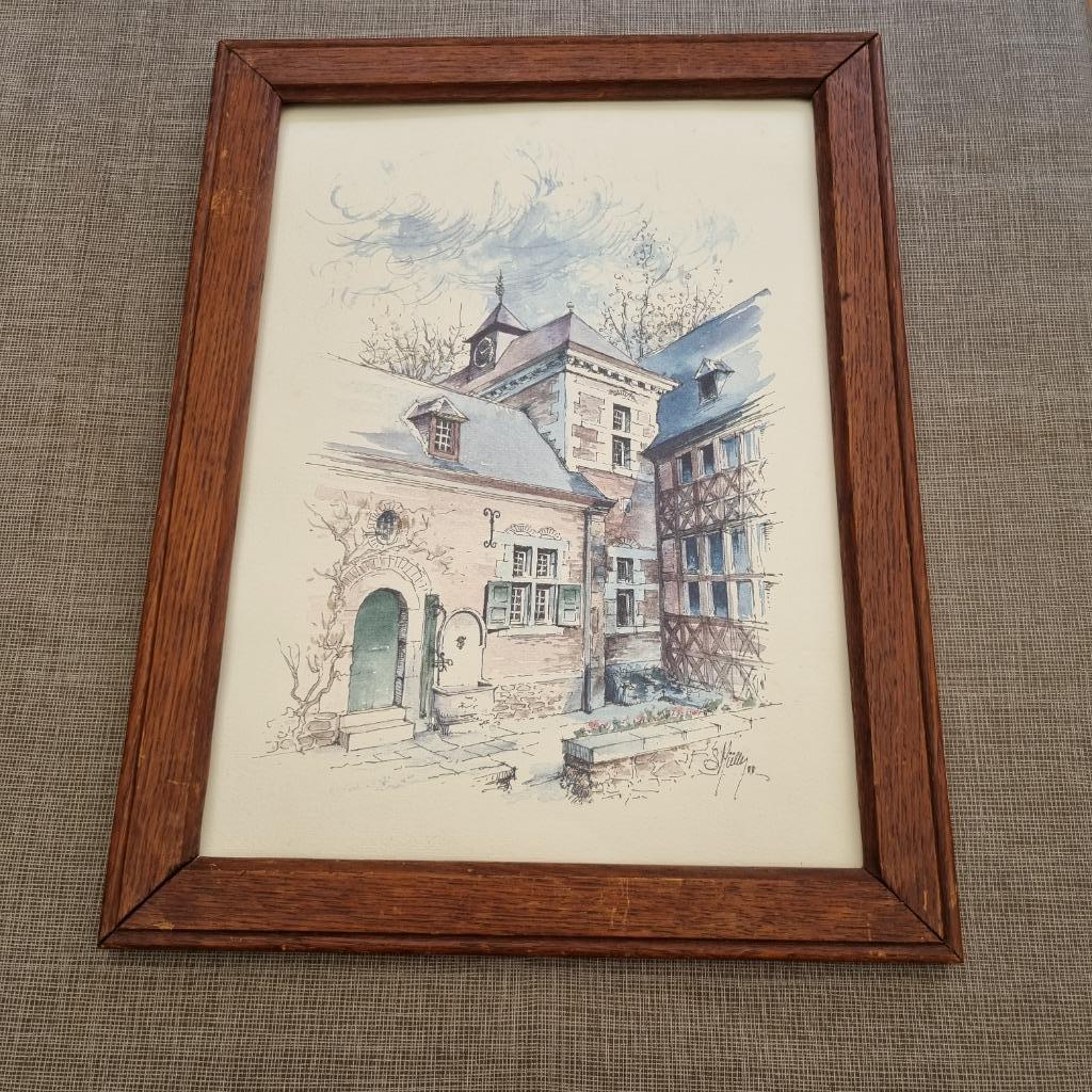 Aquarel van een kasteel - S. Müller '88, Antiek en Kunst, Kunst | Tekeningen en Fotografie, Ophalen of Verzenden