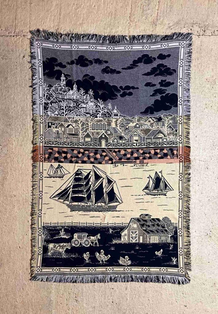 Foulard plaid zeilschepen dorp boerderij 160/98, Enlèvement ou Envoi, Utilisé