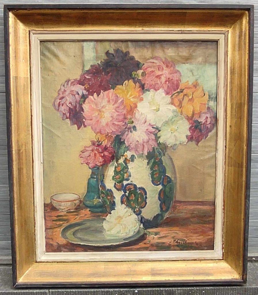 huile sur toile vase keramis fleuri signe emile thysebaert, Antiek en Kunst, Ophalen of Verzenden