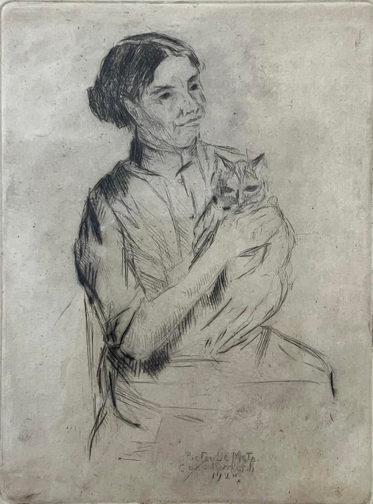 Ets Pieter De Mets (1880-1965) Dame met kat, Antiek en Kunst, Ophalen