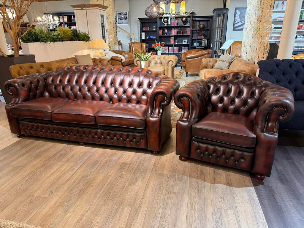 Originele Engelse Springvale chesterfield salon Roodbruin, Antiek en Kunst, Ophalen of Verzenden