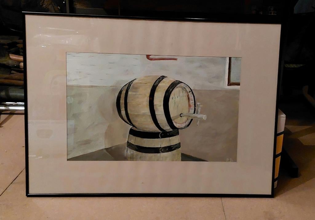 Schilderij ´Wijnvat´ in zwart kader. afmetingen 70x50,5cm, Antiek en Kunst, Ophalen
