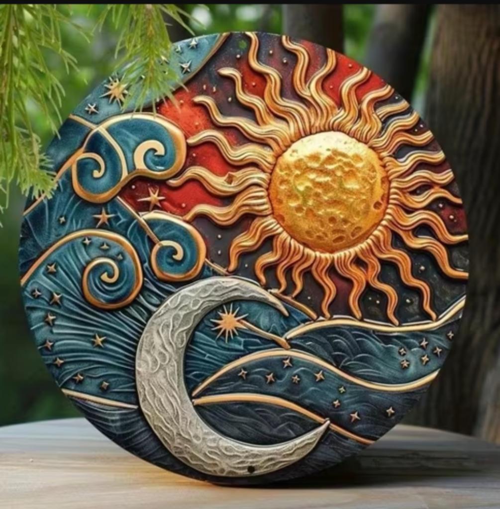 Vintage rond metalen bord Zon en maan golven (20cm), Ophalen of Verzenden, Nieuw