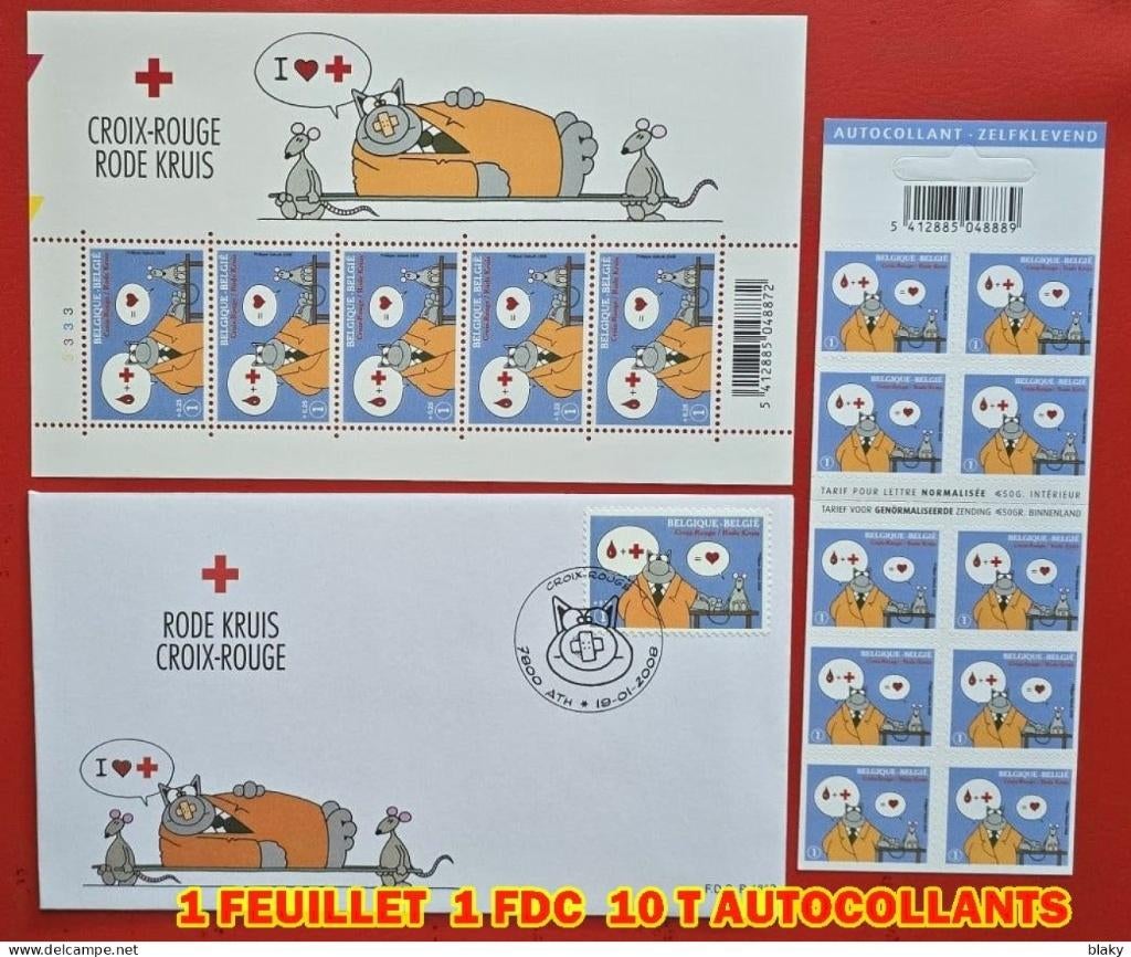 2008 LE CHAT 1 FEUILLET 1 FDC 10 T AUTOCOLLANTS CROIX ROUGE, Enlèvement ou Envoi