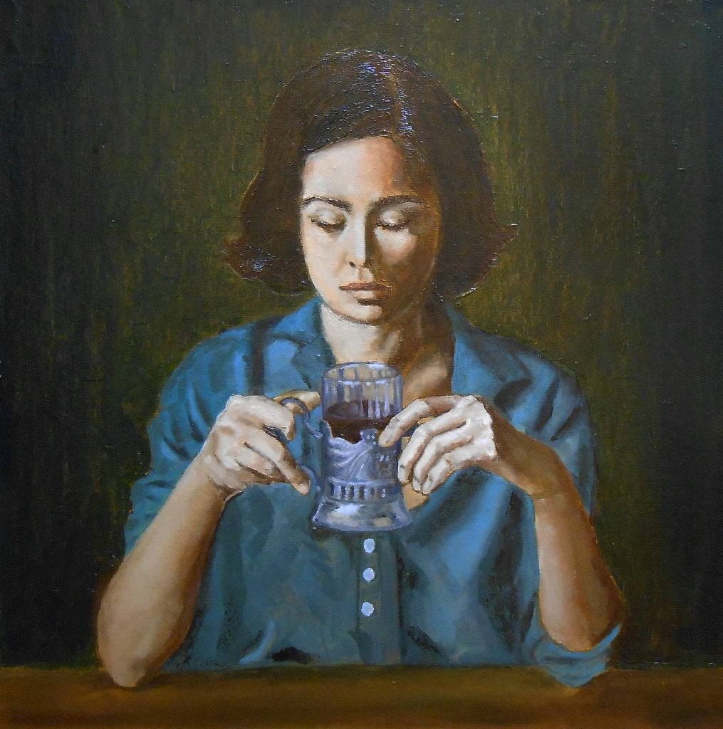 « Thé à la cannelle », Antiquités & Art, Art | Peinture | Moderne, Textile, Peinture à l'huile, Portrait, Envoi