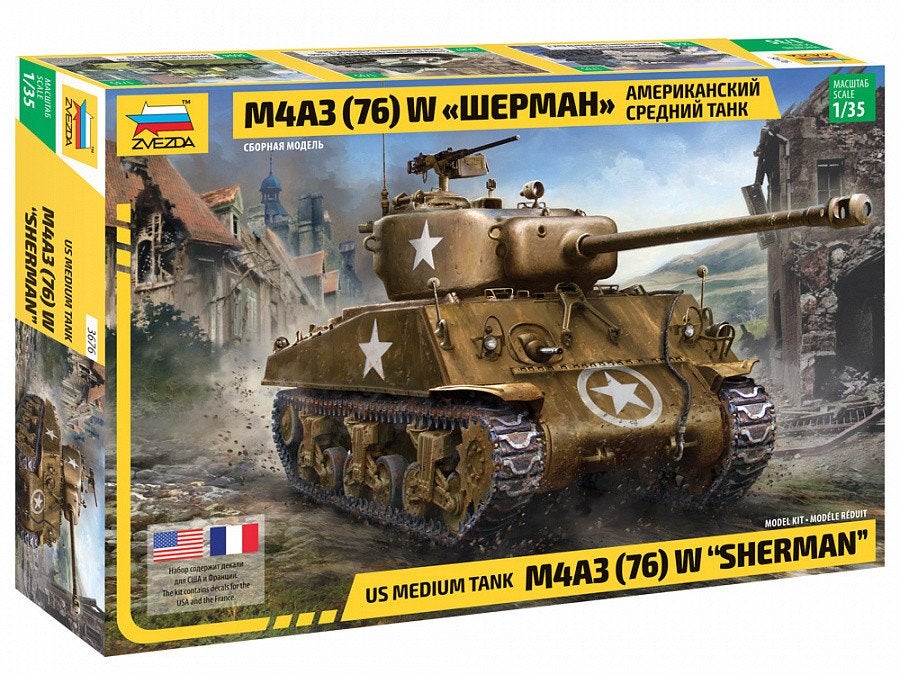 ZVEZDA 3676 US MEDIUM TANK M4A3 (76) W SHERMAN échelle 1/35, Neuf, Autres marques, Tank, Enlèvement ou Envoi