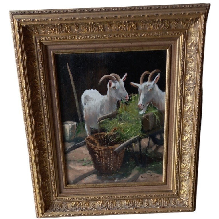chèvres avec brouette Leon Engelen., Œuvre originale, Enlèvement ou Envoi, Peinture à l'huile, Animaux