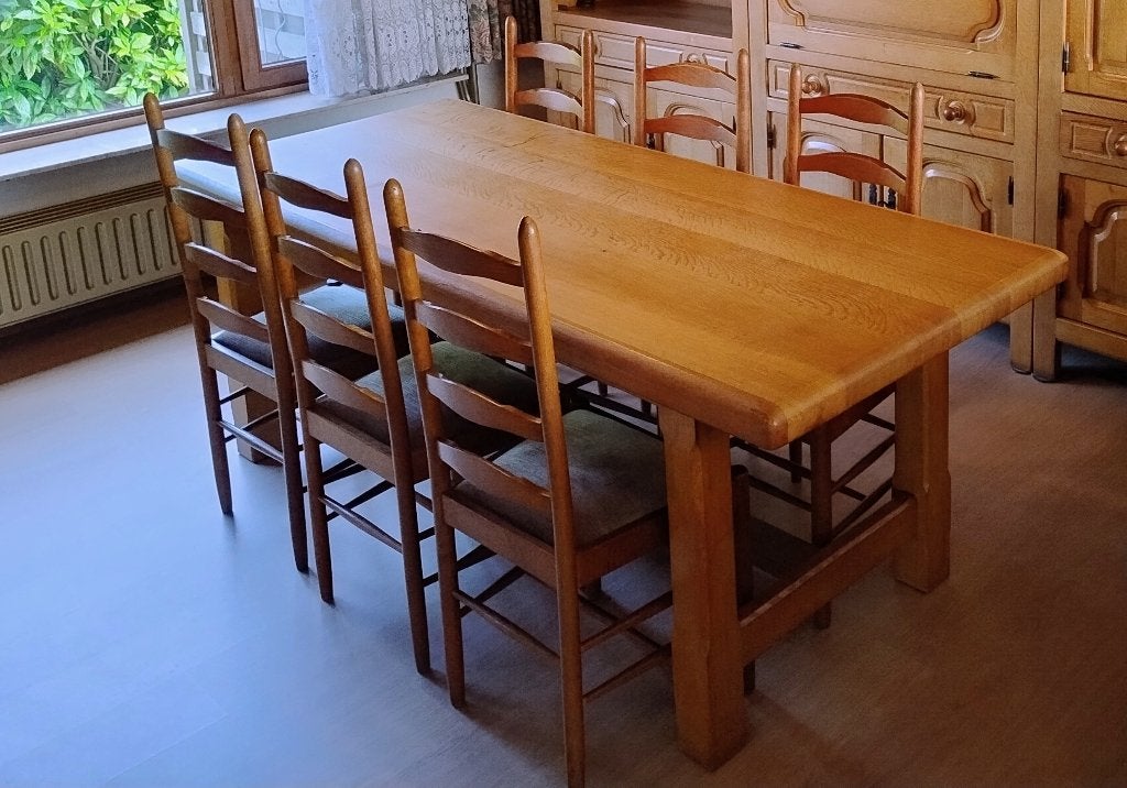 Eiken tafel en 6 stoelen, Huis en Inrichting, Ophalen, Eikenhout, Zo goed als nieuw, Rechthoekig
