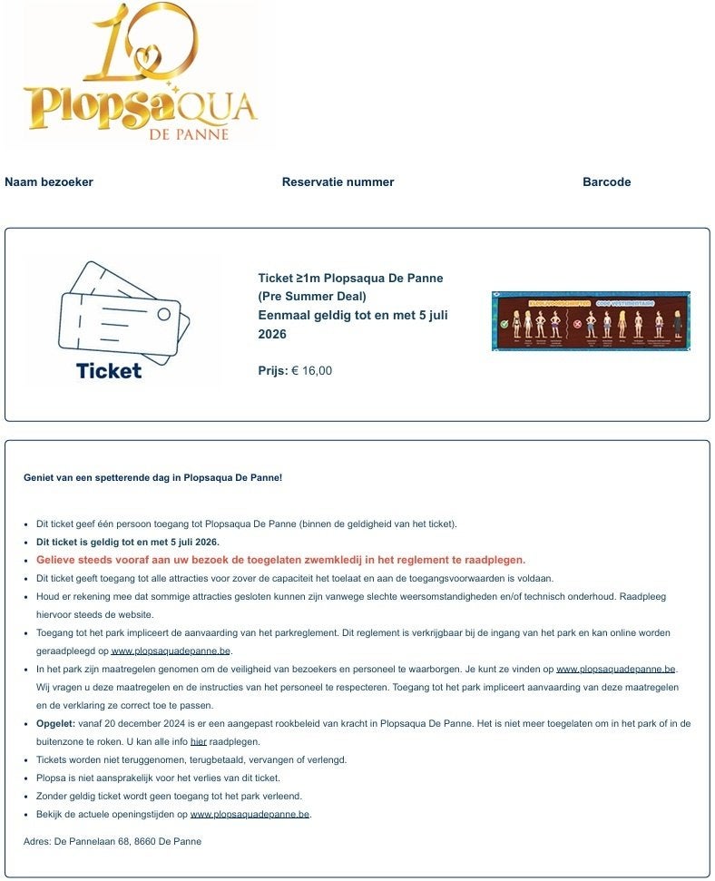 4 Tickets PlopsAqua De Panne + Parking, Tickets & Billets, Trois personnes ou plus, Ticket ou Carte d'accès