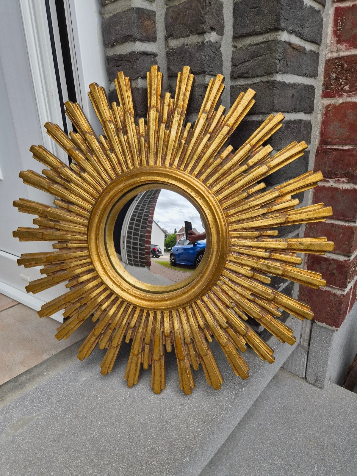 Grand miroir solaire vintage de 56 cm, miroir convexe., Enlèvement ou Envoi, Moins de 100 cm, Rond, Utilisé