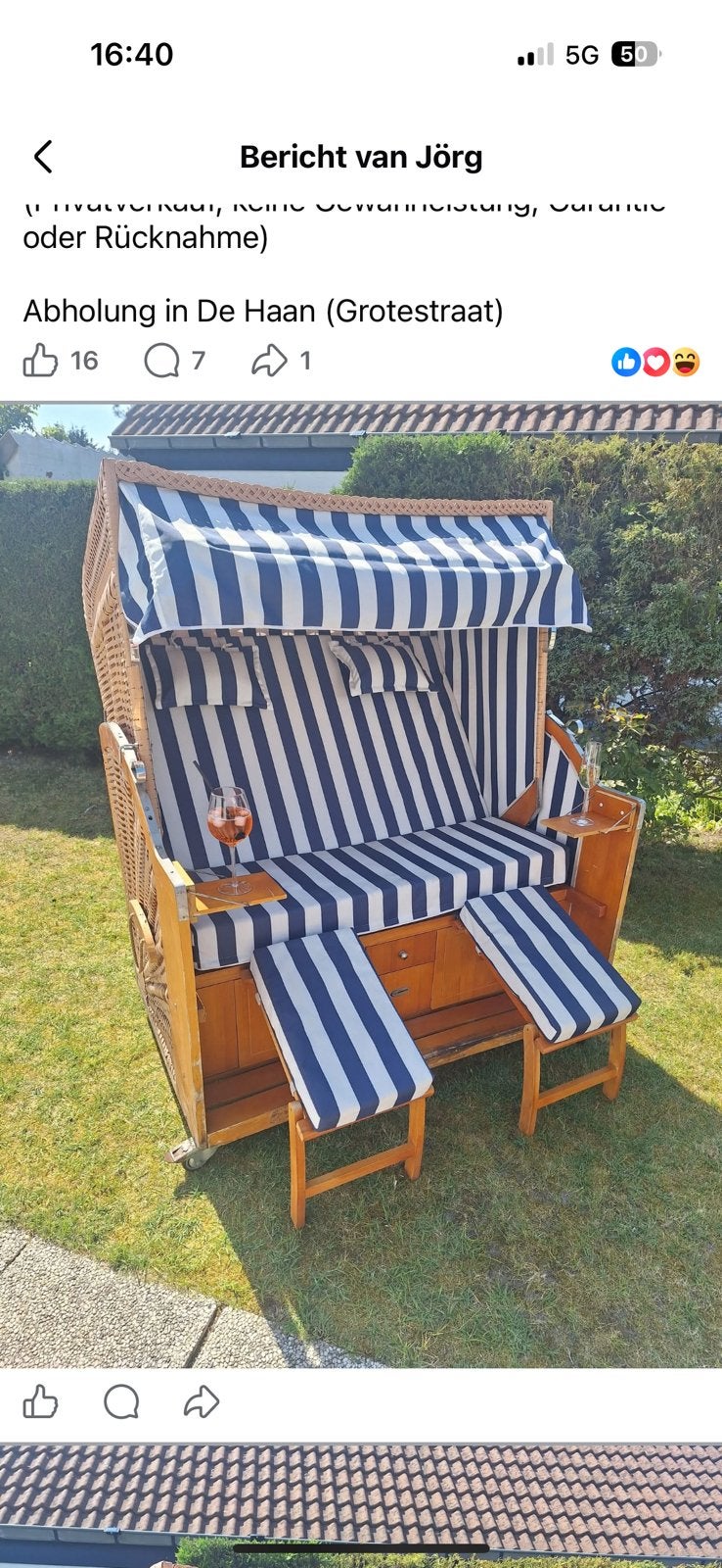 Strandkorf met afdekzeil, Tuin en Terras, Ophalen, Zo goed als nieuw, Verstelbaar