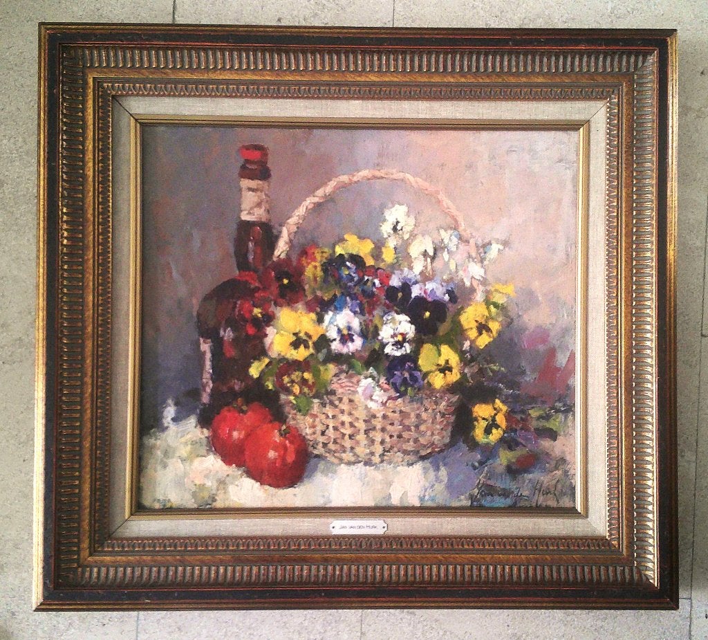 fles DOM en viooltjes - Jan van den Hurk 1917-2000, Antiek en Kunst, Doek, Stilleven, Impressionistisch, Ophalen of Verzenden