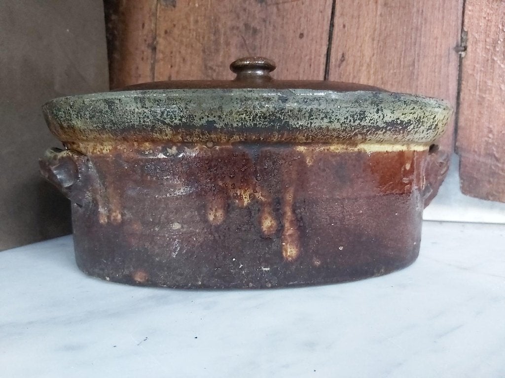 Prachtig gepatineerde oude franse ovale patepot + deksel, Antiek en Kunst, Ophalen of Verzenden