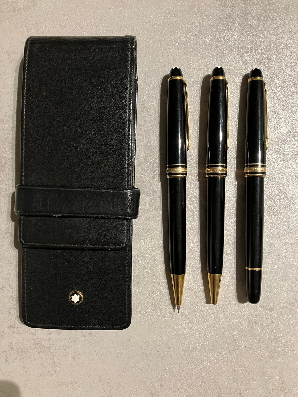 Montblanc set van 3 Meisterstucks met lederen tasje, Ophalen, Gebruikt, Pennenset, Mont Blanc