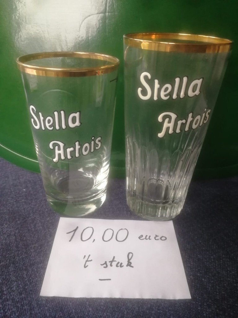 Bierglazen Stella Artois email + gouden rand €10/per glas, Verzamelen, Biermerken, Glas of Glazen, Stella Artois, Ophalen of Verzenden