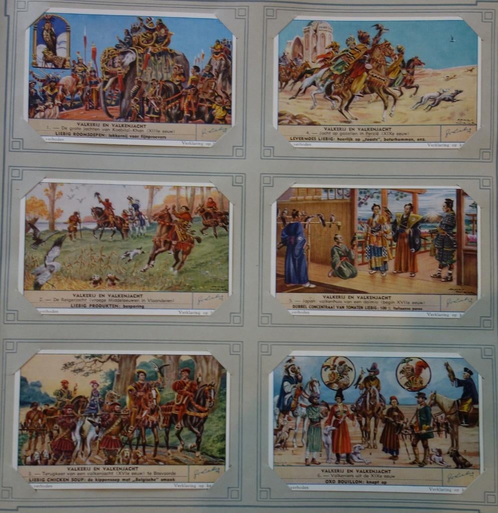 Set Liebig Prenten Valkerij en valkenjacht (1954)., Verzamelen, Ophalen of Verzenden, Zo goed als nieuw, 1940 tot 1960, Prent