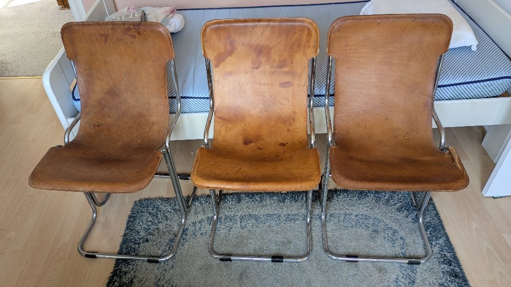 3 vintage lederen Arflex "Calla" design stoelen, Huis en Inrichting, Stoelen, Ophalen, Leer, Gebruikt, Vintage design