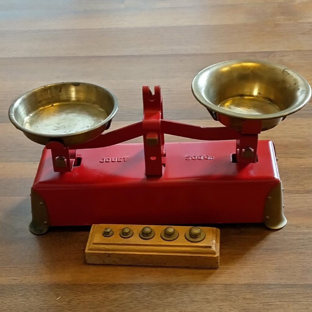 Weegschaal Jouet -500gr met gewichtjes. Jaren '50., Ophalen