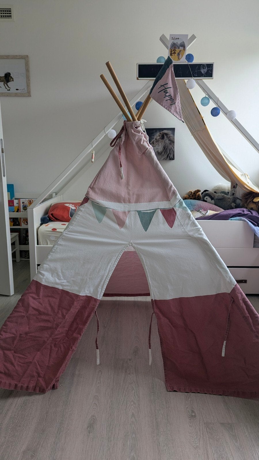 Kindertipi / speeltent met houten stokken – roze/wit, Ophalen, Zo goed als nieuw