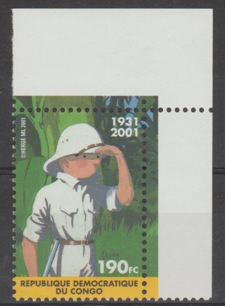 D.R. Congo 2001 Kuifje in Congo hoekstuk **, Postzegels en Munten, Ophalen of Verzenden, Overige landen, Postfris
