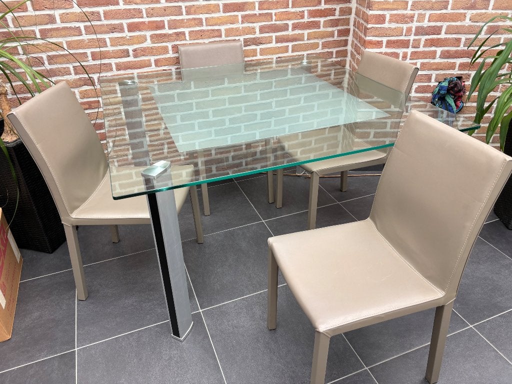 Glazen tafel + 4 stoelen, Huis en Inrichting, Tafels | Eettafels, Ophalen, Gebruikt, Vierkant, Glas