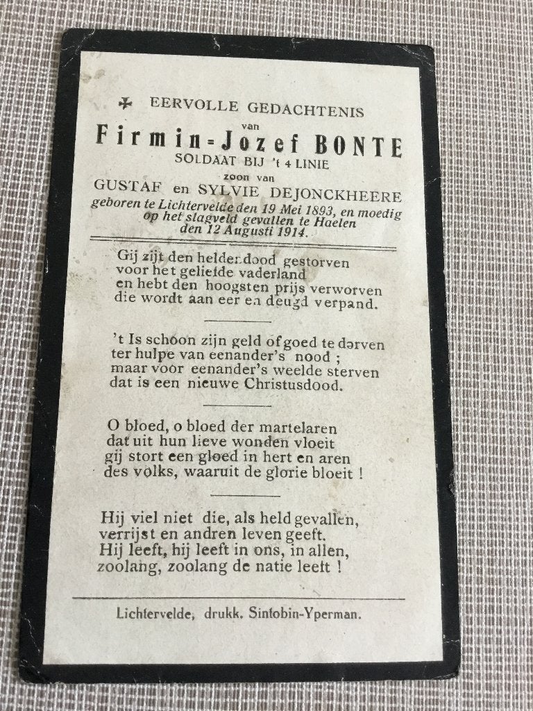 Soldat F.Bonte Lichtervelde tué à Halen 1914 WOI, Enlèvement ou Envoi, Image pieuse