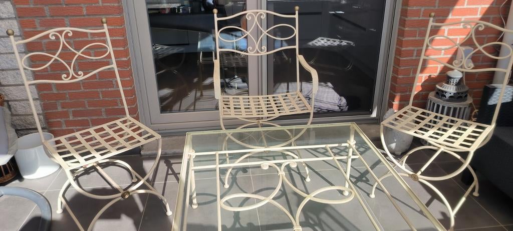 Table et chaises en fer forgé., Maison & Meubles, Tables | Tables de salon, 75 cm ou plus, Enlèvement, 50 à 100 cm, Carré