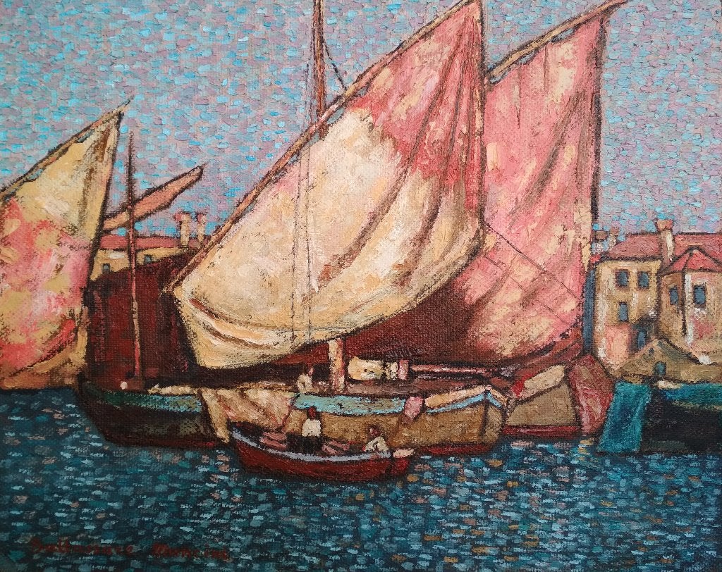 Vissersboten in de haven, Antiek en Kunst, Kunst | Schilderijen | Klassiek, Maritiem / water, Impressionistisch, Olieverf, Gesigneerd