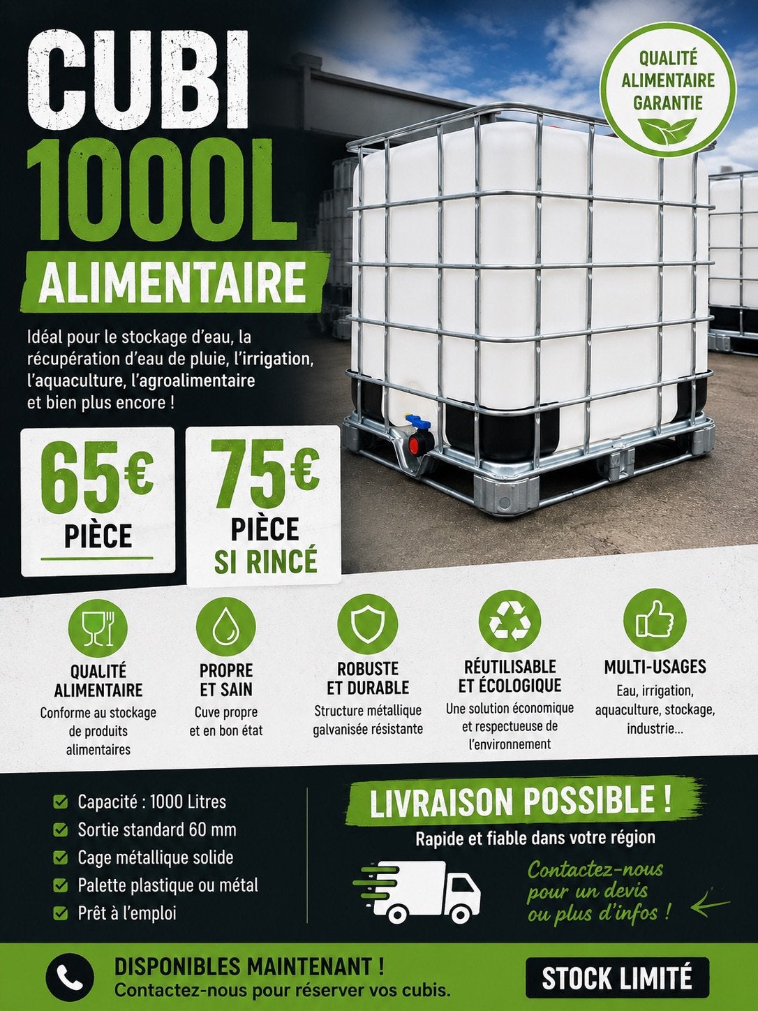 Cubi IBC 1000l alimentaire, Ophalen, Zo goed als nieuw