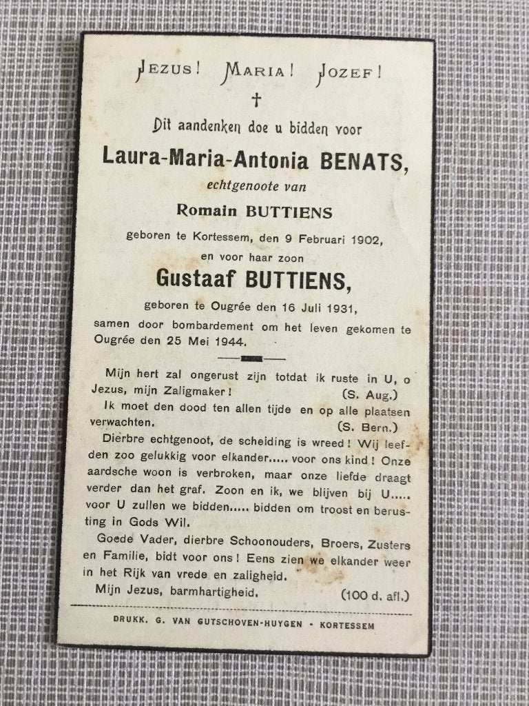 2 Oorlogsslachtoffers Kortessem + bombardement Ougree 1944, Verzamelen, Bidprentjes en Rouwkaarten, Verzenden