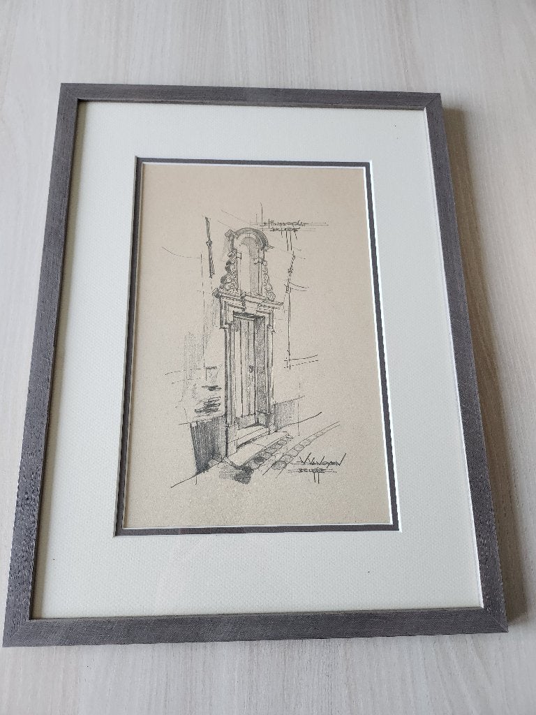 Potlood tekening van Brugge. -  W. Vanoyen, Ophalen of Verzenden, Tekening, Achter glas
