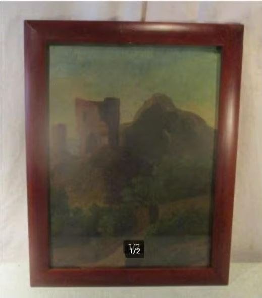 Belle œuvre peinte ancienne 'Ruine sur la montagne' - 46x36, Enlèvement ou Envoi