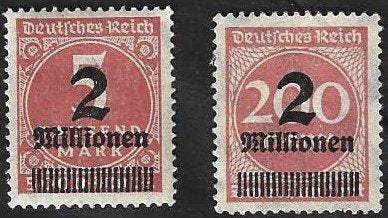 2 Postzegels Duitse Rijk 1923 Cijfer in cirkel opdruk (III), Ophalen of Verzenden, Overige periodes, Postfris