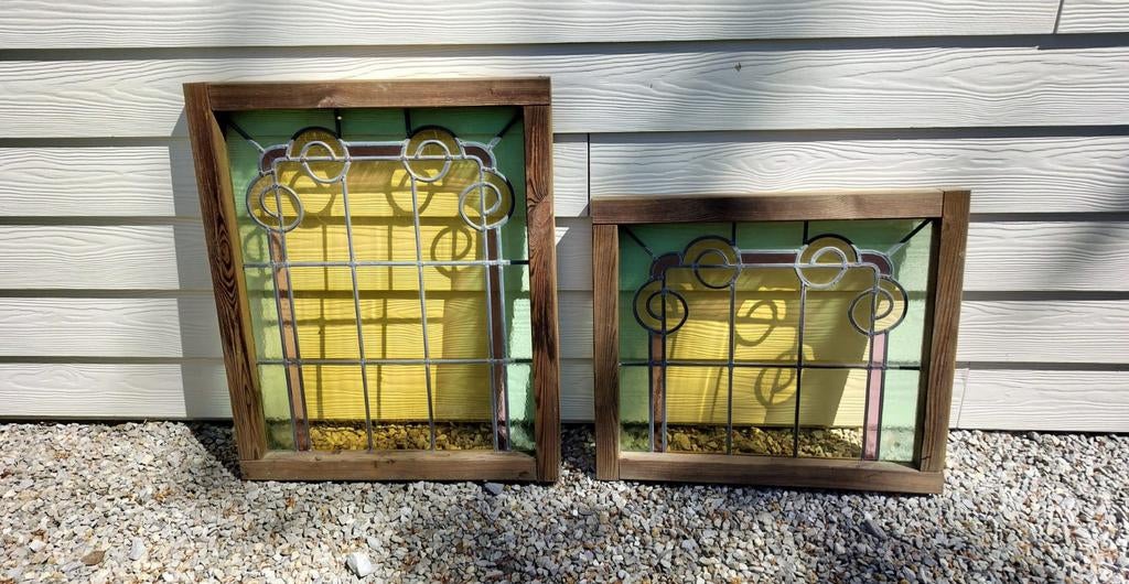 2 glas in lood ramen in houten kader., Doe-het-zelf en Bouw, Glas en Ramen, Ophalen, Glas in lood