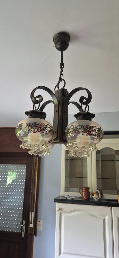 Lustre fer forgé bois, Enlèvement, Comme neuf, Verre, Rustique